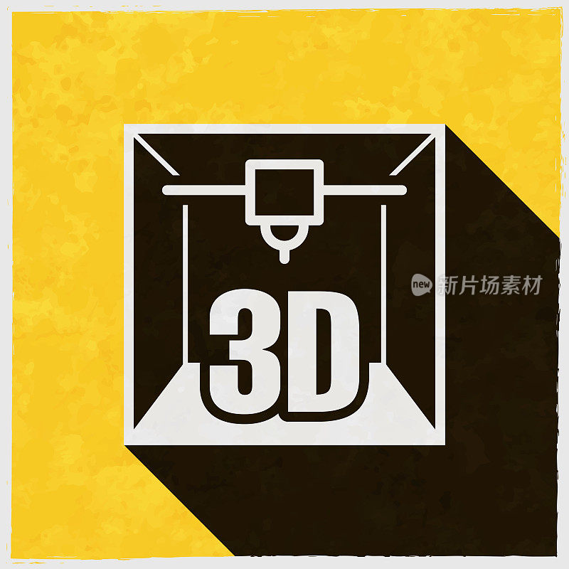 3 d打印机。图标与长阴影的纹理黄色背景